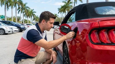 Close-up of a fuel pump nozzle inserted into a car rental at a sunny Miami gas station