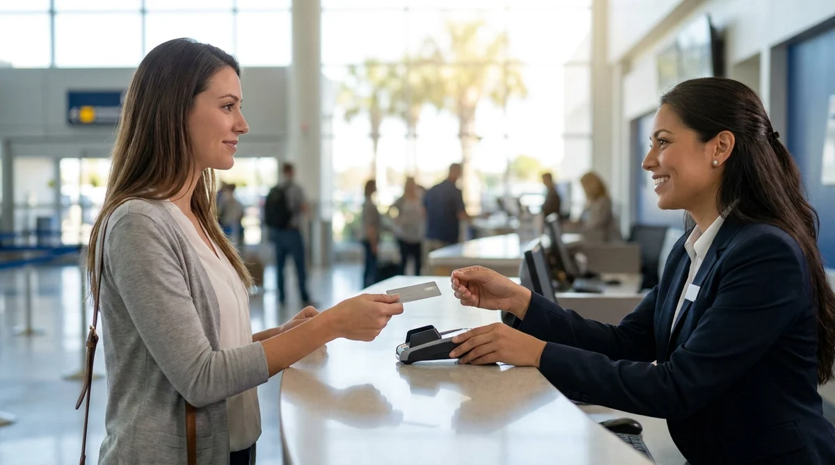 Person handing a credit card to a customer service agent at an Orlando car hire desk