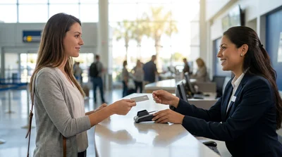 Person handing a credit card to a customer service agent at an Orlando car hire desk
