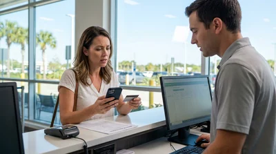 Traveler handing a credit card to an agent at an Orlando car rental desk