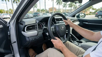 Close-up of hands using adaptive controls on the steering wheel of a car rental driving on a sunny Florida highway
