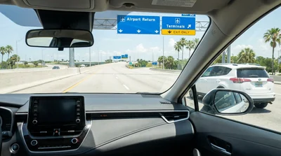 A driver's view of highway signs for car hire return at Orlando International Airport