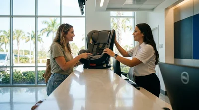 Parent installing a child seat in the backseat of a car rental vehicle in Florida
