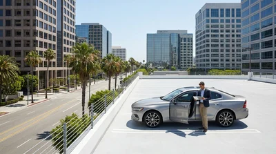 A modern car rental driving down a sunny palm tree-lined street in Los Angeles
