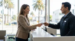 Business traveler handing a corporate credit card to an agent at a car rental desk in California