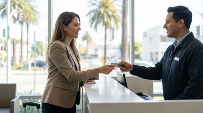 Business traveler handing a corporate credit card to an agent at a car rental desk in California