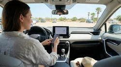 Driver connecting a phone to the dashboard screen inside a car rental in Texas