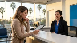 Customer signing paperwork at a car rental counter in a bright Los Angeles office