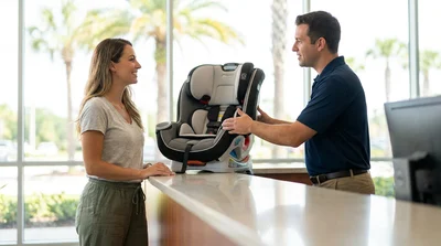 Rental agent handing a child car seat to a family at a car hire counter in Orlando
