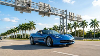 White car rental approaching an electronic toll plaza on a sunny Florida highway