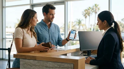Driver holding insurance documents and keys next to a car rental in California