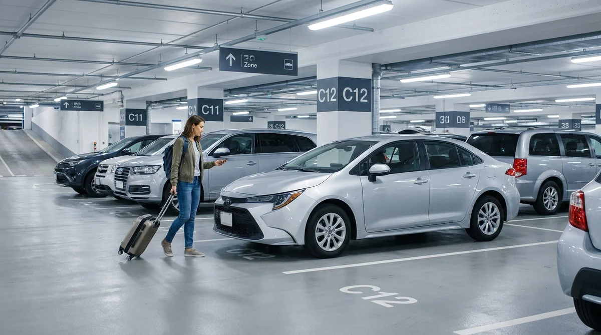Rows of parked vehicles in numbered bays at a San Francisco car hire garage