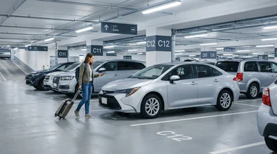 Rows of parked vehicles in numbered bays at a San Francisco car hire garage
