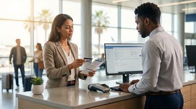 Customer handing a credit card to an agent at a car rental desk in Texas