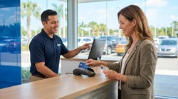 Close-up of a customer swiping a credit card at a car hire desk in Florida