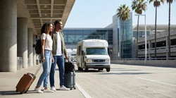 Travelers with luggage waiting outside LAX Terminal 5 for a car hire shuttle in Los Angeles