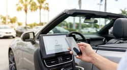 Apple CarPlay interface on a car rental dashboard screen with Florida palm trees visible through the windshield