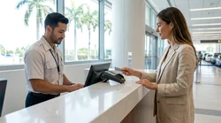 Traveler paying with a credit card at a car hire service counter in Miami