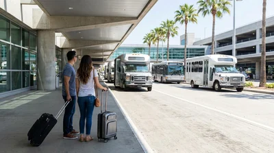 Passengers with luggage boarding a car rental shuttle bus outside an airport terminal in Los Angeles