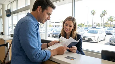 Close up of hands holding a driving licence over the steering wheel of a car rental in California