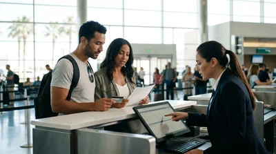 A traveler handing a credit card to an agent at a Las Vegas car hire counter