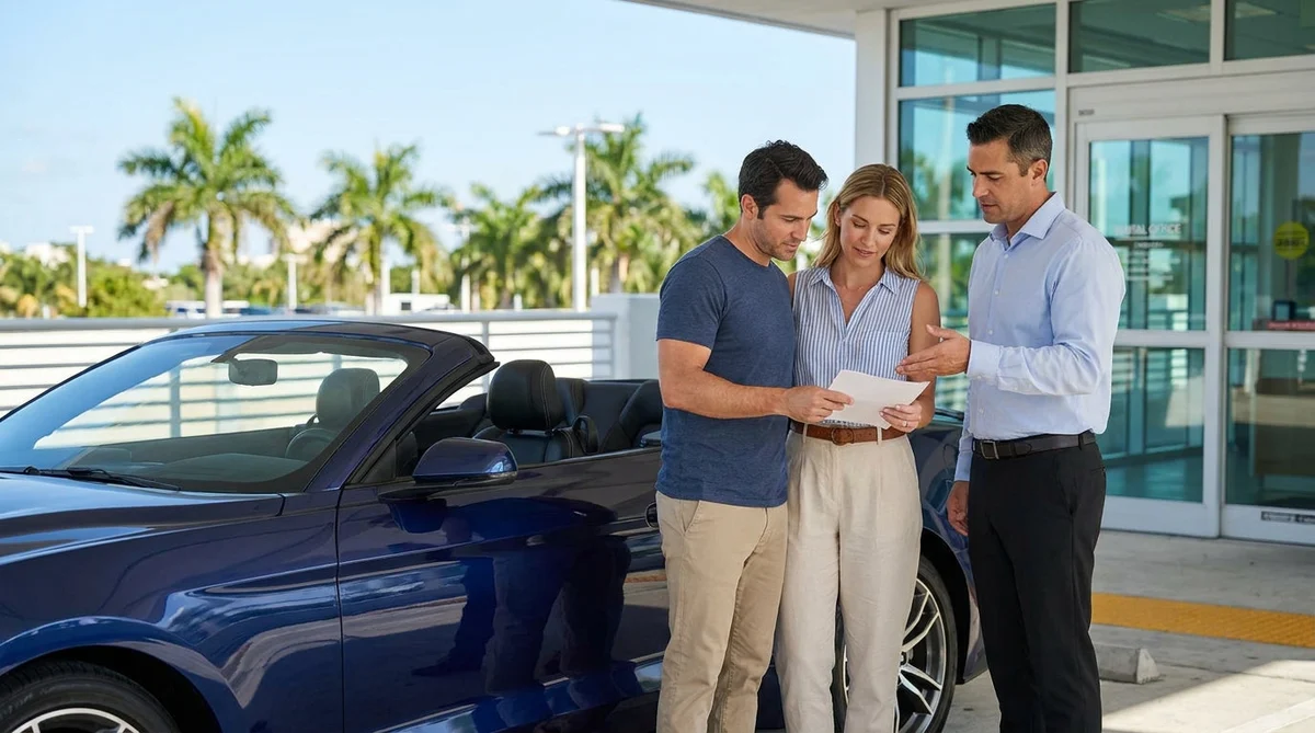 Traveler signing paperwork at a car rental desk in Miami with keys on the counter