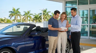 Traveler signing paperwork at a car rental desk in Miami with keys on the counter