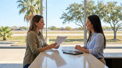 Customer handing auto insurance documents to a car rental agent in Texas