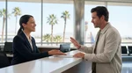 Traveler receiving keys from an agent at a brightly lit car rental counter in Las Vegas