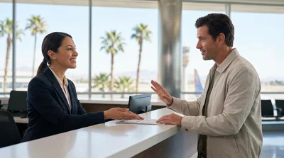 Traveler receiving keys from an agent at a brightly lit car rental counter in Las Vegas