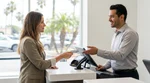 Customer presenting a credit card at a car rental counter in Los Angeles