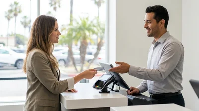 Customer presenting a credit card at a car rental counter in Los Angeles