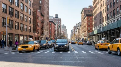Heavy city traffic with a car rental vehicle navigating a busy street near tall skyscrapers in New York
