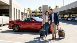 Traveler walking with luggage through a Las Vegas airport car hire lot