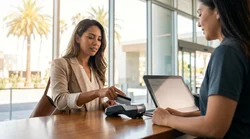 Customer handing a credit card to an agent at a Los Angeles car hire counter