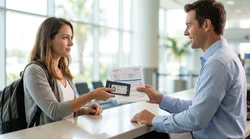 Customer handing paperwork to an agent at a car rental counter in Orlando