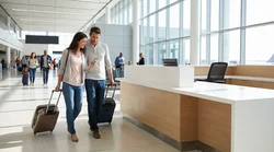 Travelers queuing at customer service desks inside the Las Vegas airport car rental center