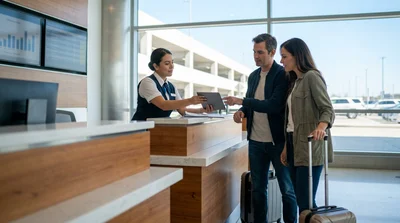 Traveler reviewing paperwork at an airport car rental desk in the United Estates