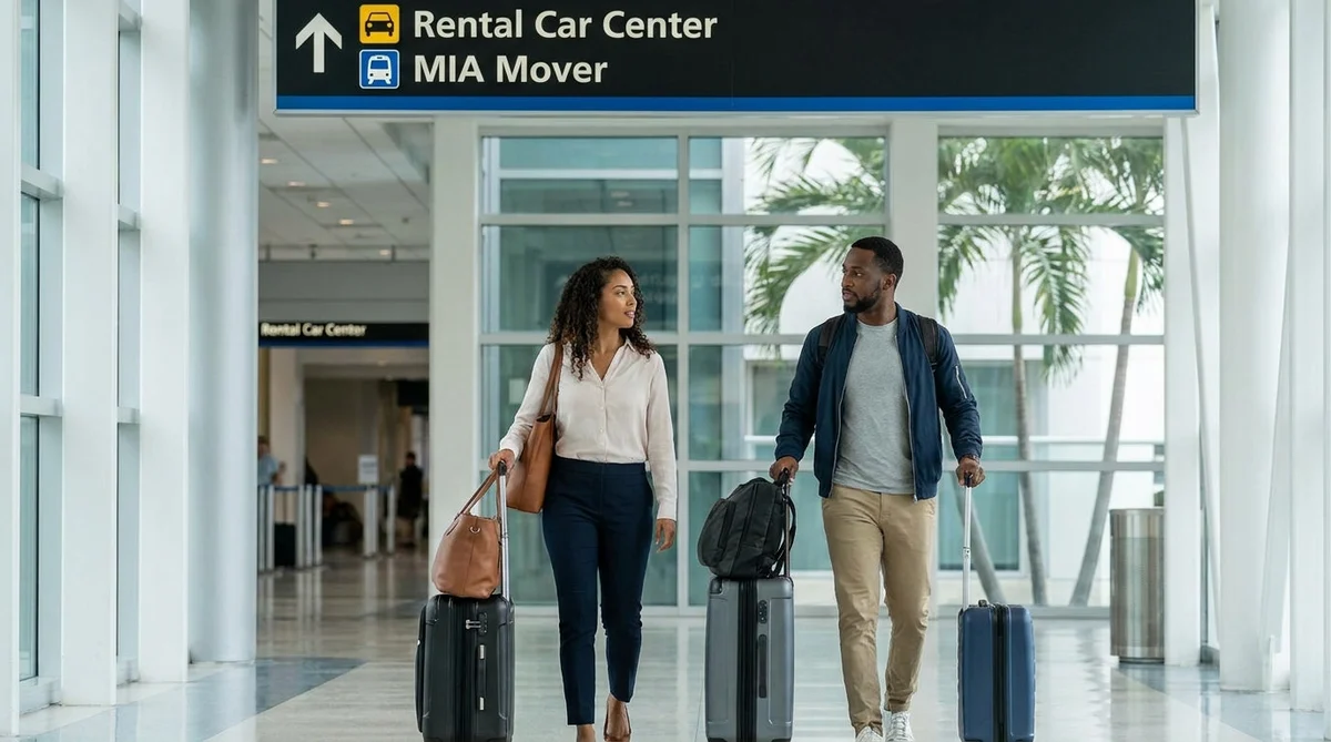 Travelers rolling luggage past a car rental counter in the arrivals hall at Miami Airport