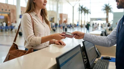 Close-up of a person presenting a credit card and documents at a Las Vegas car hire desk