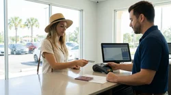 Close-up of a customer handing a credit card to a car hire agent at a service desk in Florida