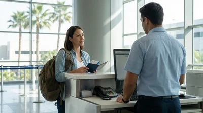 Customer receiving keys from an agent at a car rental counter in Orlando