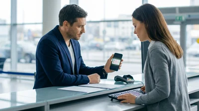 Person holding a smartphone showing a photo of a driving licence at a New York car rental desk