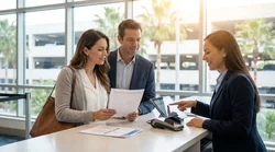 Customer signing paper documents at a car rental desk in Orlando with keys on the counter
