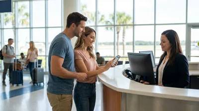 Traveler checking a smartphone and holding paperwork at a car hire desk in Orlando