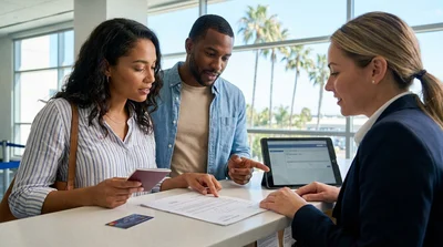 Customer handing paperwork and a credit card to an agent at a Florida car hire desk