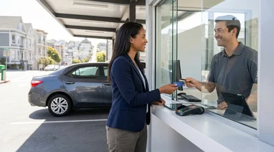 Close-up of hands placing two credit cards on a car hire counter in San Francisco