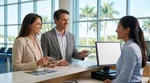 Two people presenting ID cards to an agent at a Florida car hire desk