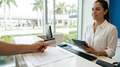Person handing a credit card to an agent at a car hire desk in Miami