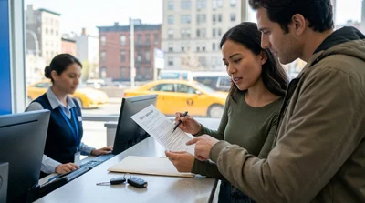 Person reading a car rental contract while standing next to a vehicle on a New York street